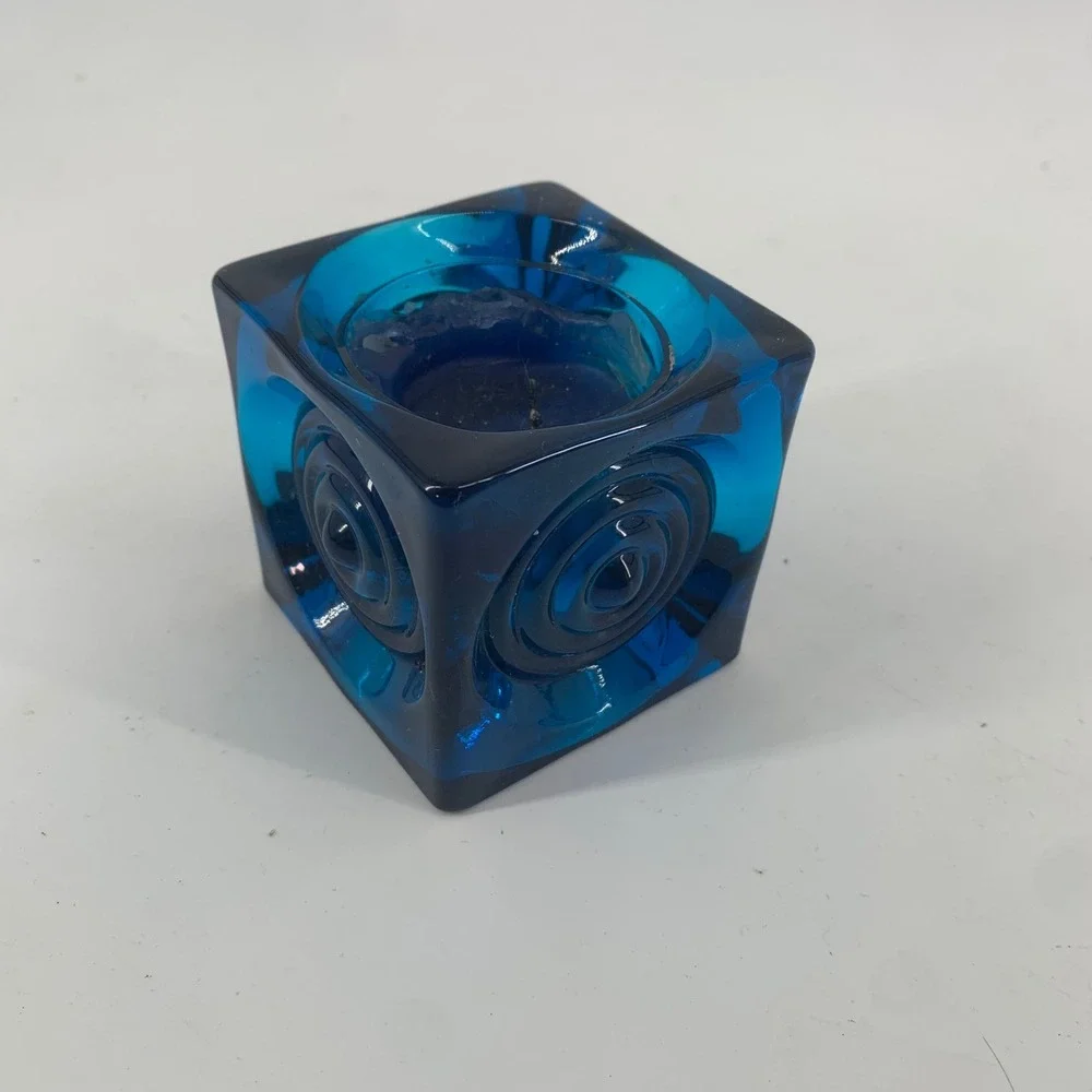 Vintage Viking Blue Art Glass Cube Votive Candle Holder Bullseye Mid Century